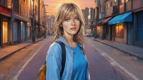 comic painting: young woman walks through urban street, casual urban streetwear, sundown, evening,annabeth,shopgirl,girl walking away,photo painting,world digital painting,eilonwy,woman walking,city ​