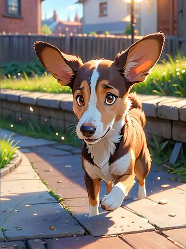 參考圖片中的狗，在大草原奔跑,a brown and white dog walking across a sidewalk,corgi,ears,welschcorgi,welsh corgi pembroke,corgi face,welsh cardigan corgi,Anime,Anime,Cartoon