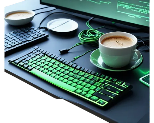 Programming code wallpaper, dark theme, neon green syntax highlighting, messy desk background, scattered papers, empty coffee cups, worn keyboard, tangled cords, subtle glow effect, shallow depth of f