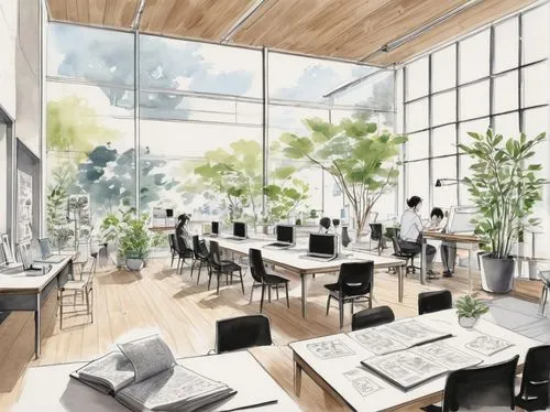 school design,watercolor cafe,renderings,lunchroom,sketchup,study room,cafeteria,the coffee shop,canteen,teahouse,modern office,breakfast room,classroom,working space,collaboratory,lunchrooms,schoolrooms,coffee shop,cafeterias,teahouses,Illustration,Paper based,Paper Based 30