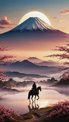 high quality, In the serene style of Japanese sumi-e, a portrayal of the first red sunrise gracing the silhouette of Mount Fuji, harmonized with the gentle allure of plum blossoms, The scene unfolds w