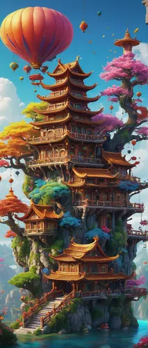 mushroom island,chinese clouds,mushroom landscape,fantasy landscape,chinese temple,fantasy city,asian architecture,bird kingdom,world digital painting,3d fantasy,chinese architecture,fantasy world,pagoda,floating island,flying island,floating islands,chinese background,feng shui,forbidden palace,ancient city,Art,Classical Oil Painting,Classical Oil Painting 04