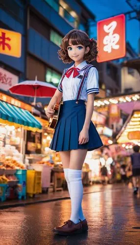 Depeche mode Funiko, anime girl, 17yo, bright blue eyes, curly brown hair, cute nose, playful smile, sailor fuku uniform, short pleated skirt, white knee-high socks, brown loafers, holding a guitar ca