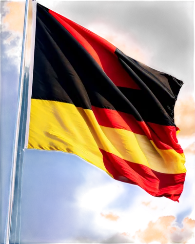 Belgium flag, vertical composition, national symbol, black yellow red colors, waving fabric texture, fluttering movement, morning sunlight, soft focus, shallow depth of field, cinematic lighting.,deut