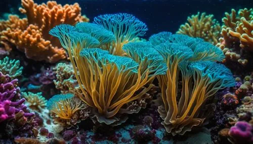 macrophotograph, beautiful bioluminescent blue glow quantum sea coral polyps on the coral reef, natural lighting, light-focused, amateur shot,bubblegum coral,coral reef,soft corals,feather coral,coral