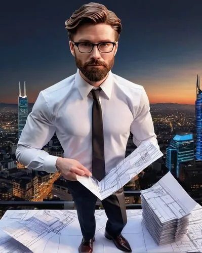 Male, architect, mature, (35yo), short brown hair, glasses, beard, white shirt, black tie, formal pants, leather shoes, holding blueprints, standing, modern office, cityscape, skyscraper, evening, pan