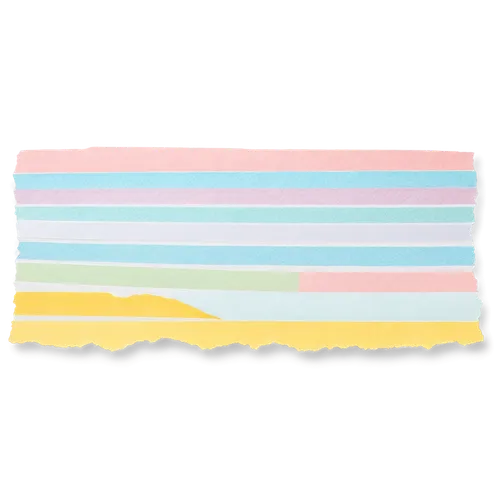 Washi tape, decorative washi paper, colorful stripes, torn edges, creased folds, small metal clip, shiny surface, detailed texture, subtle shadows, soft focus, pastel color palette, minimalist composi