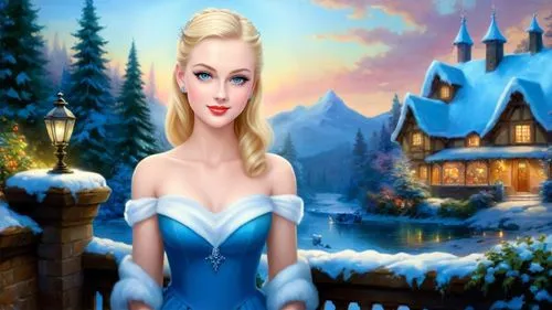 Romantic masterpiece oil painting, cute girl portrait, nostalgic 1950's style kitsch, breathtaking beautiful winter kingdom landscape, majestic fantasy scenery, evening lighting, highly detailed highr