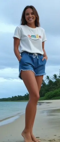 smile,a girl with a white shirt and blue shorts is posing on the beach,thighpaulsandra,bbw,bdl,kgmb,tuaolo,jwala