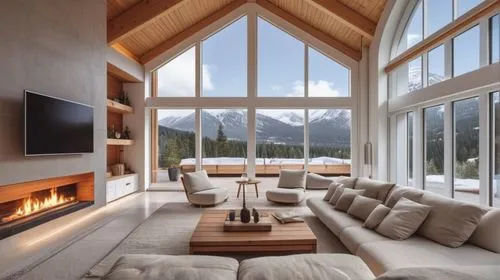 photorealistic scene, clear details, octane render, ultra quality details,,modern living room,fire place,alpine style,chalet,house in the mountains,coziness,living room,the cabin in the mountains,hous