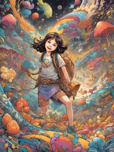 illustração colorida de criança ,little girl in wind,shirakami-sanchi,dream world,sci fiction illustration,flying girl,astral traveler,rosa ' amber cover,fall from the clouds,traveler,world digital pa