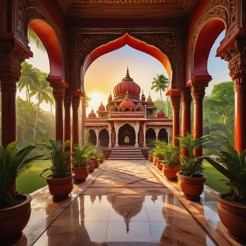 Ancient Indian temple, intricate carvings, ornate decorations, red stone walls, golden domes, white marble floors, grand entrance gates, vibrant peacock sculptures, lush greenery surroundings, tropica