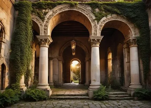 cloister,archways,cloisters,colonnades,abbaye de belloc,mirogoj,alcazar of seville,kykuit,cloistered,porticoes,arcaded,inside courtyard,antigua guatemala,courtyard,porticos,alhambra,cortile,arcades,arches,bomarzo,Illustration,Realistic Fantasy,Realistic Fantasy 10