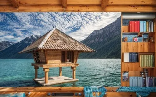 over water bungalows,floating huts,over water bungalow,house with lake,book wall,inverted cottage,bookshelves,lake misurina,bookshelf,summer house,bookcase,small cabin,house by the water,cabana,tree h