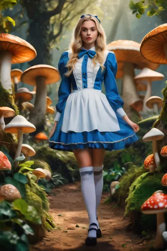 alice in wonderland,alice,wonderland,fairy tale character,blue mushroom,agaric,digital compositing,fantasy picture,amanita,fairy village,photoshop manipulation,fairy forest,pinocchio,waitress,hatter,heidi country,fairytale characters,cinderella,edible mushroom,mushrooming,Photography,General,Fantasy