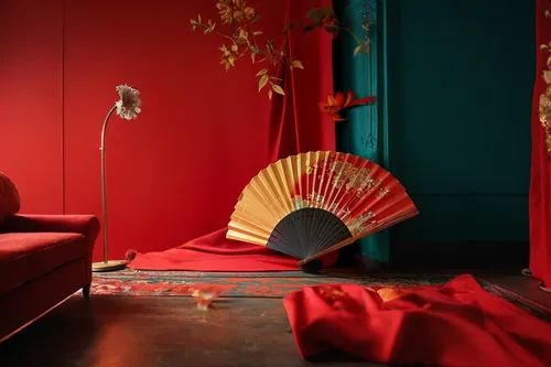 chaise lounge,decorative fan,japanese-style room,chair and umbrella,bamboo curtain,chinese style,red wall,kimono fabric,chaise longue,interior decoration,japanese umbrellas,color fan,interior decor,japanese umbrella,silk red,dongfang meiren,red background,photography studio,oriental,traditional chinese musical instruments