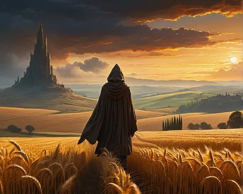 wheat field,wheat fields,strand of wheat,strands of wheat,barley field,wheat crops,field of cereals,the order of the fields,fantasy picture,grain field panorama,grain field,sci fiction illustration,scythe,wheat ears,cg artwork,plains,hordeum,fantasy landscape,world digital painting,pilgrimage,Illustration,American Style,American Style 06