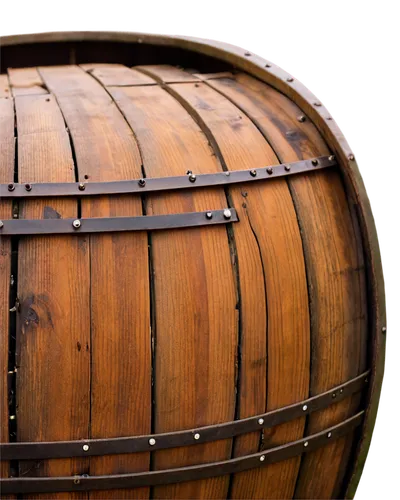 Rusty metal barrel, wooden planks, circular shape, stave construction, metal hoops, old-fashioned, worn-out, brown color, natural texture, morning dew, soft sunlight, 3/4 composition, shallow depth of