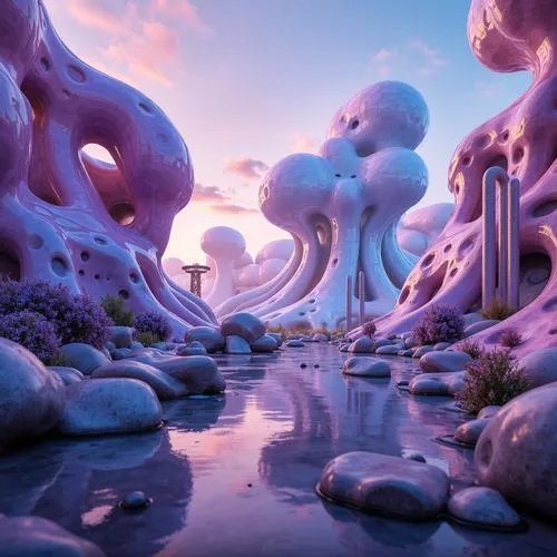 mushroom landscape,alien world,mushroom island,futuristic landscape,3d fantasy,fractal environment,alien planet,virtual landscape,fantasy landscape,3d render,acid lake,biospheres,tentacular,cinema 4d,tentacles,nauplii,tentacled,mycelial,coral reef,biomorphic