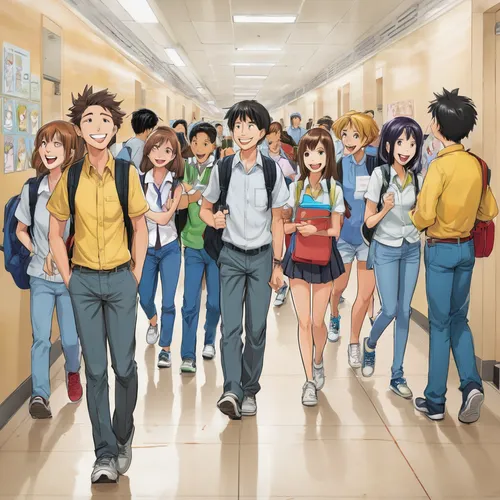 A bustling school hallway with anime characters chatting and laughing,anime cartoon,tsumugi kotobuki k-on,anime 3d,anime japanese clothing,anime manga,students,studio ghibli,haruhi suzumiya sos brigad