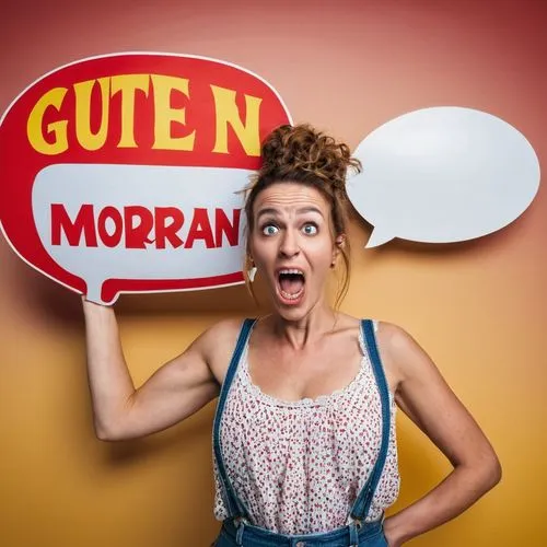 CRAZY woman with a big speech bubble with the sign " GUTEN MORGEN "
,moederzorg,moedergans,essen nahrung,gluten,girl with speech bubble,monmädchen,norrbottenspets,butzenscheiben,speech bubbles,immerwu