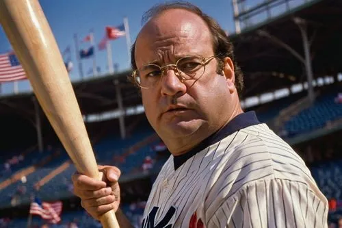 George Costanza, adult male, frustrated expression, messy brown hair, worn-out Yankees jersey, holding a wooden baseball bat, standing in a dimly lit, old-fashioned baseball stadium, American flags wa