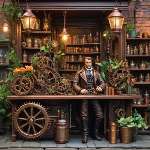 Steampunk flower shop, Victorian-era inspired, intricate bronze gears, copper pipes, vintage wooden shelves, lush greenery, exotic flowers, steam-powered machinery, soft warm lighting, ornate clockwor