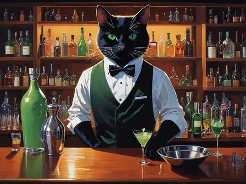 Whimsical cat, bartender, standing, anthropomorphic, green eyes, white shirt, black bow tie, apron with cat pattern, mixing cocktail, holding shaker, pouring drink, dimly lit bar, wooden counter, bott