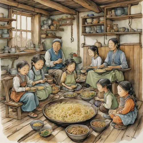 Write a story about a family gathering to enjoy a delicious bowl of makguksu on a sunny afternoon.,korean folk village,korean royal court cuisine,arrowroot family,kimchijeon,korean culture,anhui cuisi