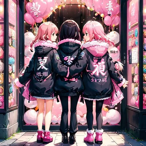 two girls named have their names on the back of their big black and pink puffy coats ,three girls standing inside of a store with balloons,harajuku,walkure,valentine background,ikebukuro,akihabara,val