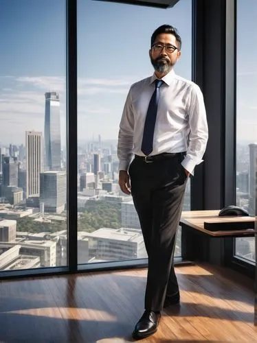 Mature male, architectural building designer, 30s, beard, glasses, black hair, formal wear, white shirt, tie, black trousers, leather shoes, holding blueprints, standing, modern office interior, woode