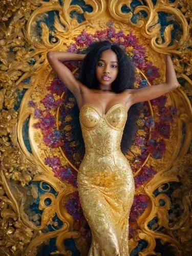 a woman posing for a po wearing a gold gown,amerie,santigold,maraj,azealia,nomani,leontyne