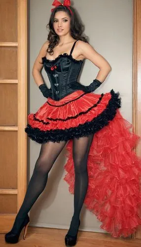 Full body shot, front view, wide room, studio, beautiful professional model with long dark brown hair, circa 21 years old, muscular body, straight dark hair, hair down, french cancan costume, woman is