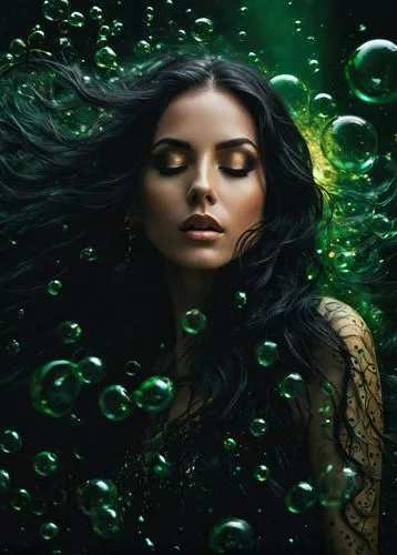 a woman with long black hair and piercing green eyes openly gazes in a deep darkness, surrounded by swirling black bubbles that dance across her face. Their eyes are closed, and her feet stretch out, 