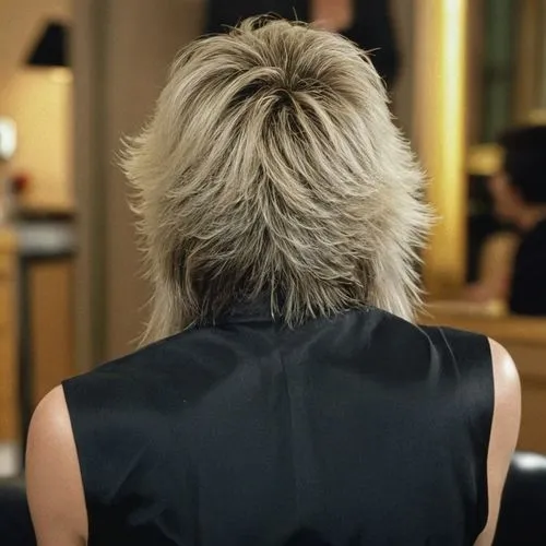 View of hair from the back. Straight view from rear, absolutely not visible face and no visible of face. Rear back central straight from behind symetric wiew of head of 1980s style woman from the back