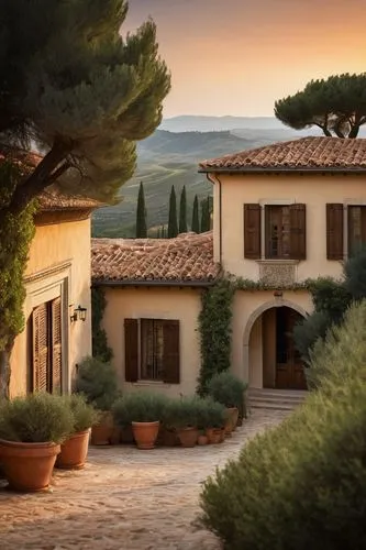 Modern Tuscan architecture, villa, luxury house, Mediterranean style, terracotta roof tiles, cream-colored stucco walls, arched windows, wooden shutters, ornate stone doorways, sprawling greenery, cyp