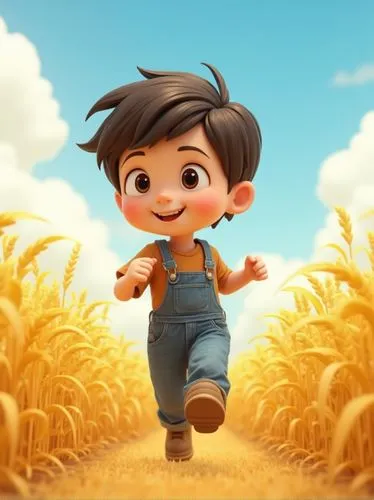 3D cartoon illustration, a autumn atmosphere. A cute boy wearing overalls running in the yellow rice field. The yellow ears of wheat hang down, Behind he is a blue sky with white clouds, thick coating