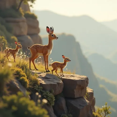 klipspringer with babies flocking on cliffs,an image of some small animals that are standing on some rocks,disneynature,bambi,european deer,deers,animal film,deer