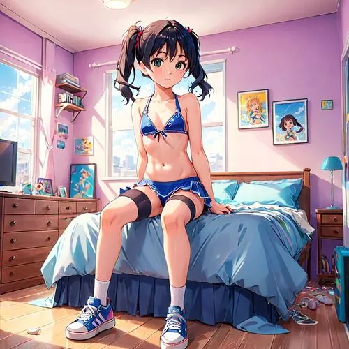 a girl in a bikini. stockings and platform sneakers. in her bedroom pigtails,this is an animated image of a woman in a bikini sitting on her bed,ushio,suzumiya,haruhi,tsugumi,megumi,anime 3d,idolmaste