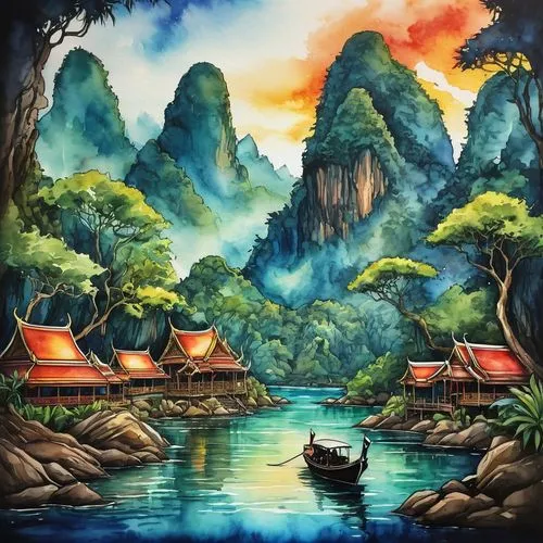 landscape background,fantasy landscape,shaoming,an island far away landscape,huanglong,oriental painting,vietnam,yangshao,world digital painting,huahong,jianlong,guizhou,haicang,hainan,zhongchen,qiongzhou,fishing village,lianjiang,watercolor background,river landscape,Illustration,Realistic Fantasy,Realistic Fantasy 25