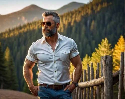 Sunlit, mature man, muscular build, short hair, beard, sunglasses, white shirt, unbuttoned, chest hair, blue jeans, casual walking pose, one hand in pocket, scenic mountain background, evergreen trees