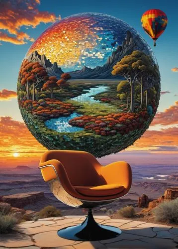 sunset in the clouds mosaic colors, over the oasis, jigsaw puzzle, mural in the top of the chair, grim widow, air balon,,glass sphere,planet eart,world digital painting,little planet,earth in focus,co