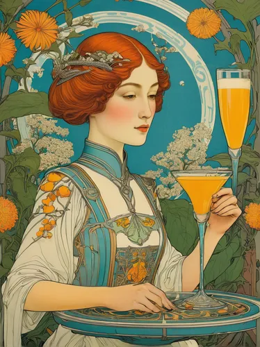 bellini,mucha,art nouveau,orange blossom,art nouveau design,aperol,mimosa,vintage illustration,miller,apéritif,cointreau,alfons mucha,barmaid,fresh orange juice,absinthe,woman drinking coffee,orange drink,aperitif,french 75,kate greenaway,Illustration,Retro,Retro 11