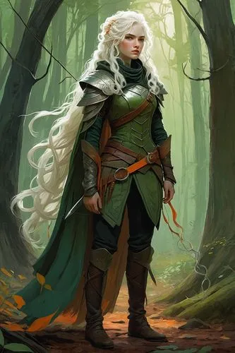 she stands full body In the midst of a forest of green and orange hues, a surreal landscape emerges, as the deafening roar of the wind echoes through the leaves. Her long white curly hair grows, revea