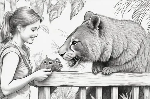 she feeds the lion,little bear,cute bear,bear,feeding animals,scandia bear,grizzlies,book illustration,hand-drawn illustration,woodland animals,baby bear,bear guardian,kids illustration,line art animals,great bear,wombat,baby and teddy,animal world,nordic bear,game illustration,Illustration,Black and White,Black and White 30