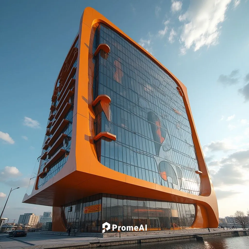 Tangerine orange modern building, futuristic skyscraper, sleek lines, vibrant color accents, glass façade, metallic structure, urban cityscape, sunny day, blue sky, few white clouds, dramatic shadows,