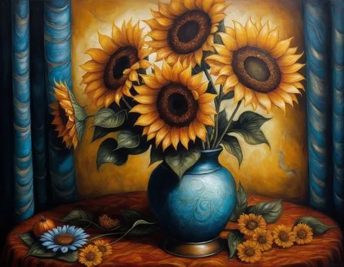 feel safe when you are here,a painting of sunflowers in a blue vase on a cloth covered table,sunflowers in vase,sunflowers,oil painting on canvas,sunflower,sun flowers,oil painting,Illustration,Realis