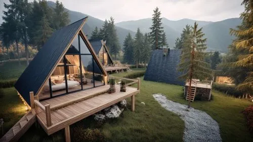 the cabin is on the hillside surrounded by mountains,house in the forest,cubic house,inverted cottage,the cabin in the mountains,house in the mountains,forest house,chalet,summer cottage,3d rendering,