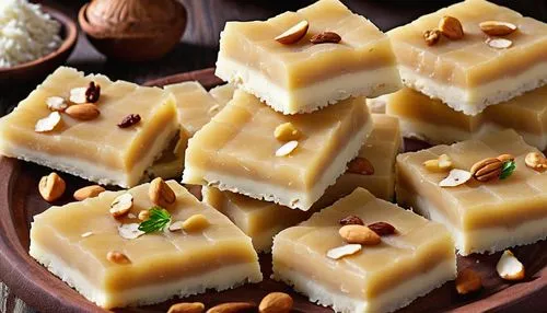 some pieces of chocolate that have almonds on top of it,halwa,halva,nougat corners,Photography,General,Realistic