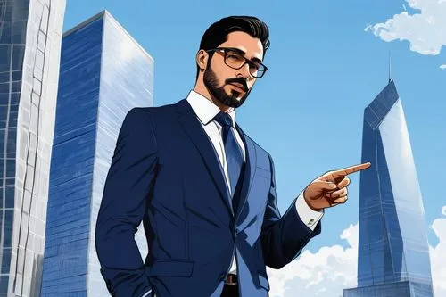 Modern architectural designer, male, 30s, glasses, short black hair, beard, white shirt, dark blue suit, tie, standing, blueprint in hand, pointing to building model, urban skyscraper, cityscape, dayt